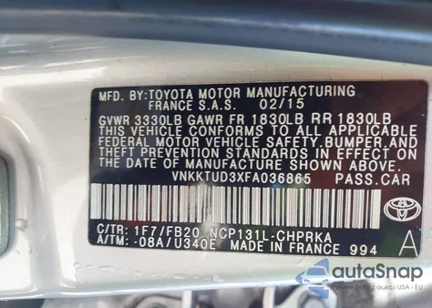 2015 Toyota Yaris Le z USA, uszkodzony, nr VIN VNKKTUD3XFA036865